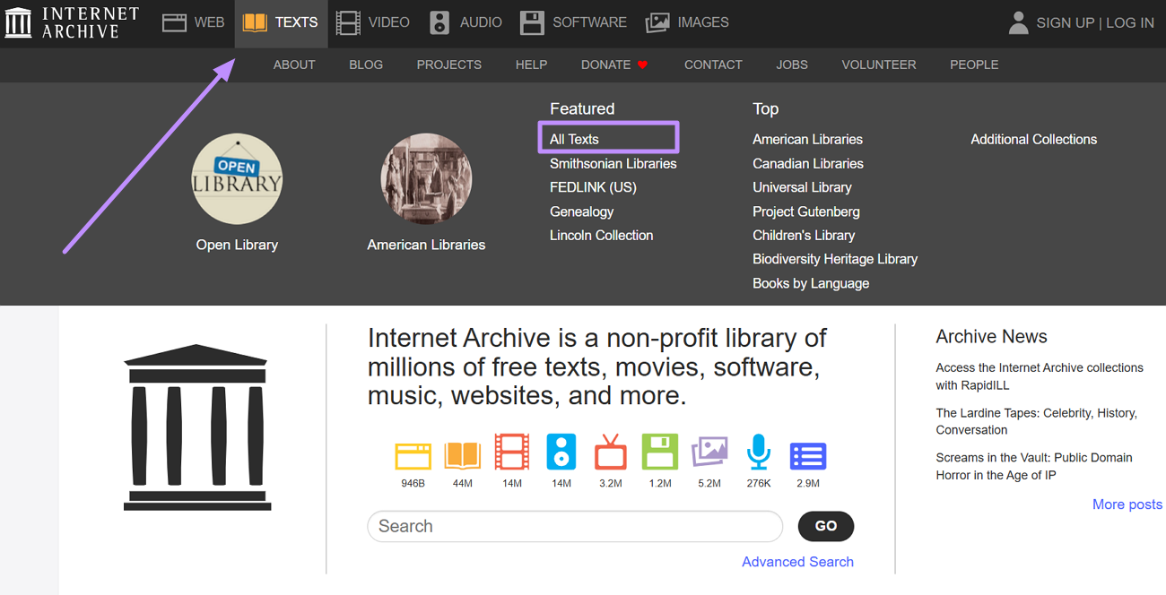 Geben Sie das Internetarchiv der Textsammlung ein