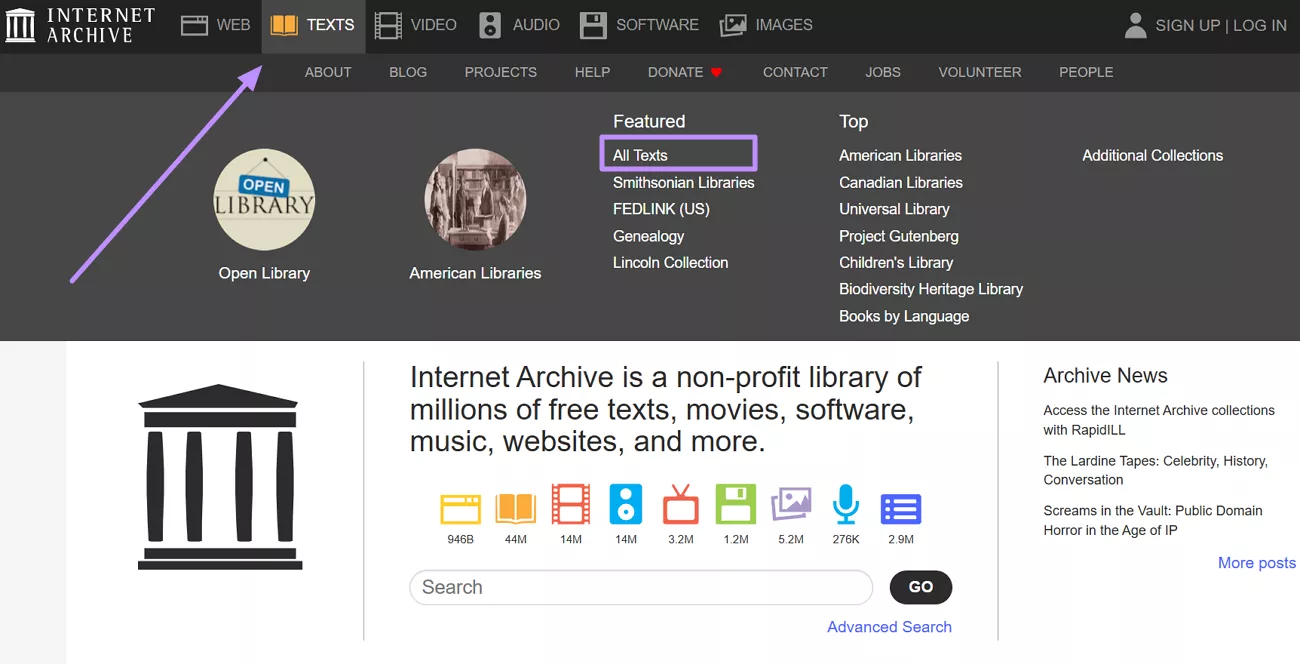 enter the texts collection internet archive