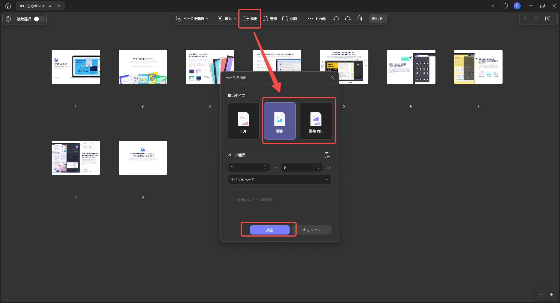 画像ファイルまたは画像ベースのPDFとしてページを抽出