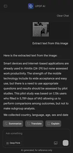 extract text result in updf ai online