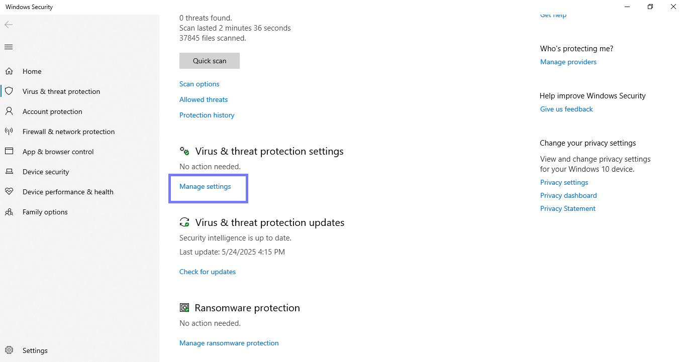 go to manage settings windows
