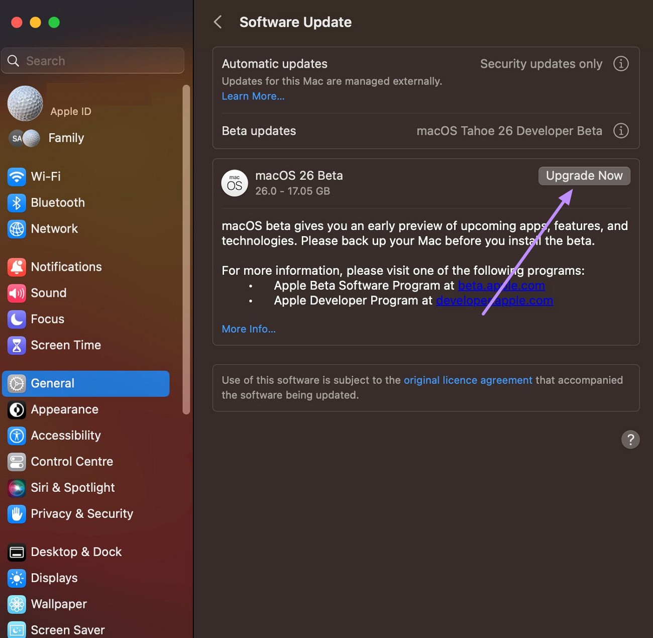 hit upgrade now button for macos 26