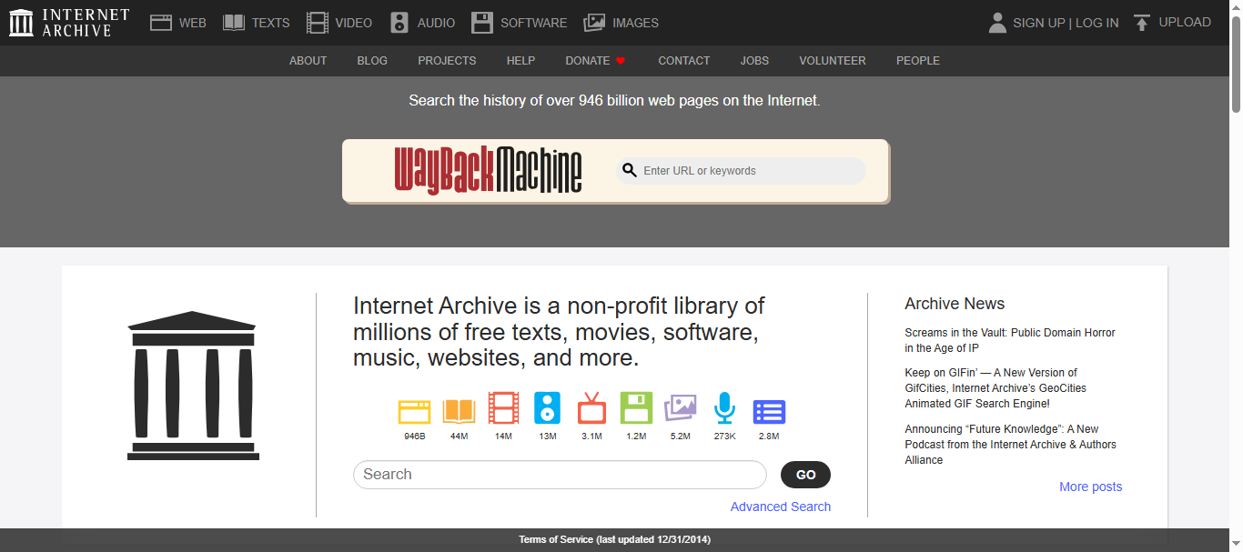 Homepage der Internetarchiv-Website
