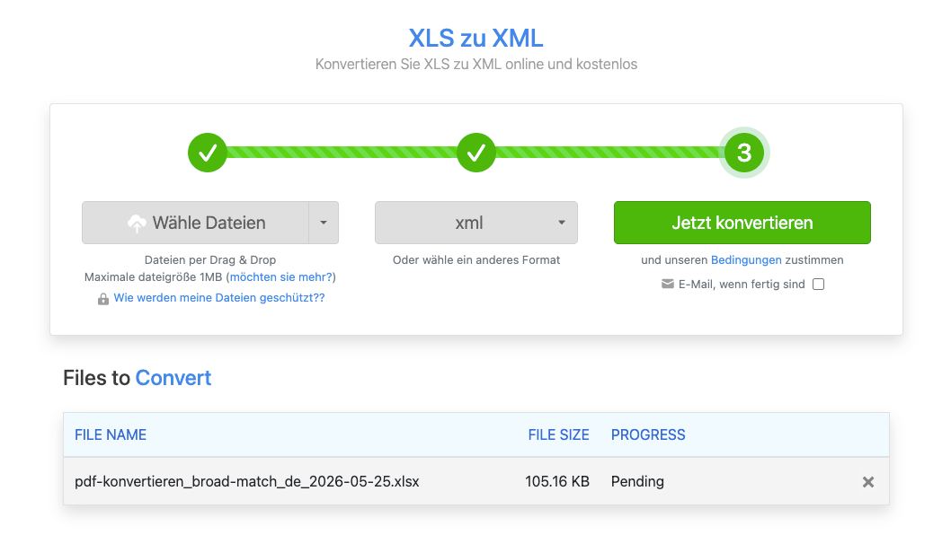 Zamzar-Excel in XML
