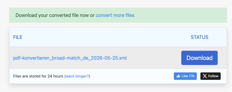 Zamzar-Excel in XML