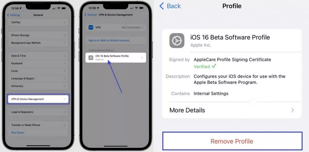 remove profile from beta software