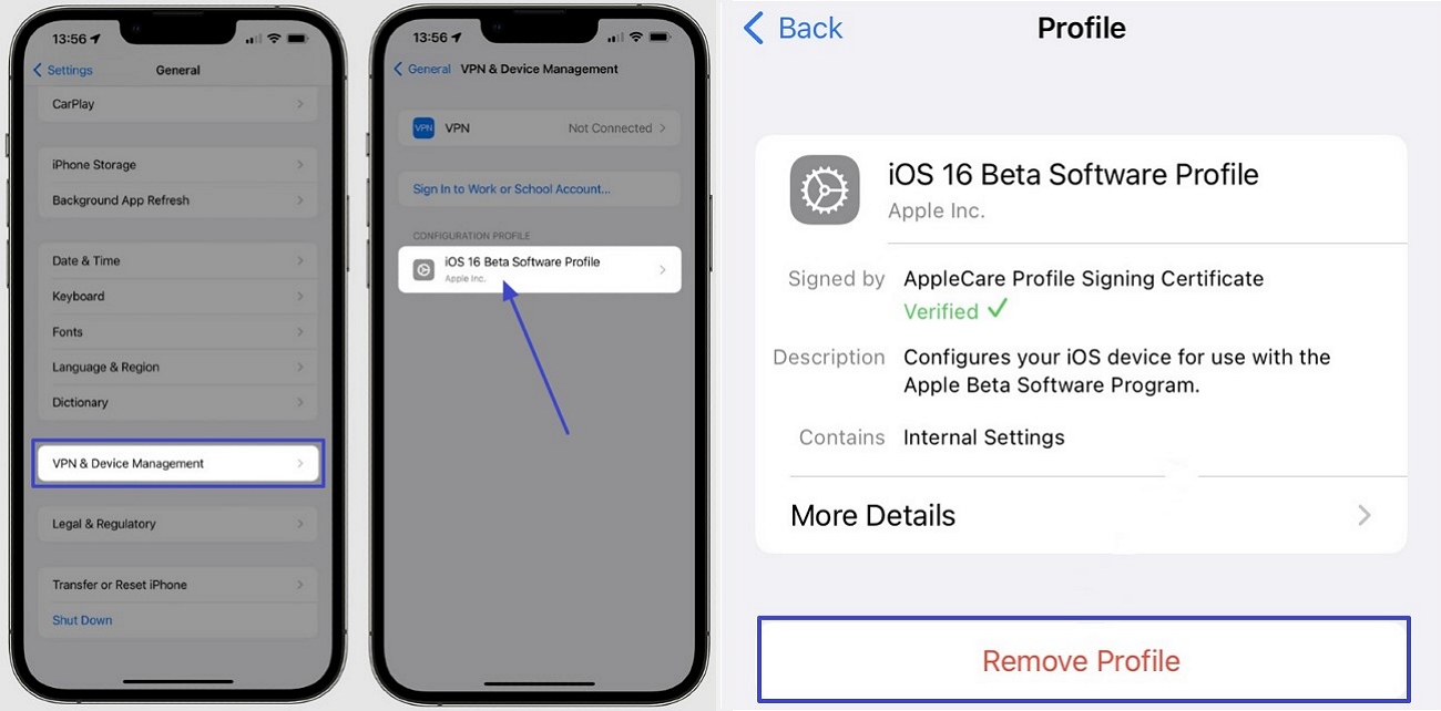 Profil aus Beta-Software entfernen