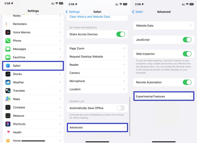 Safari deaktiviert experimentelle Funktionen