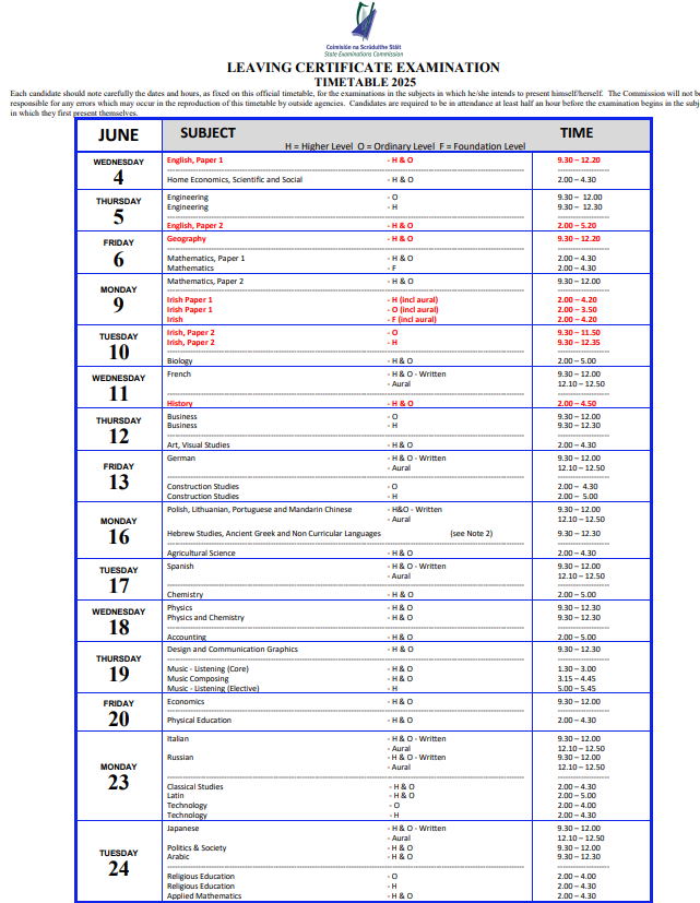 leaving-certificate-examination-timetable