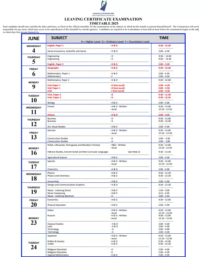 leaving-certificate-examination-timetable