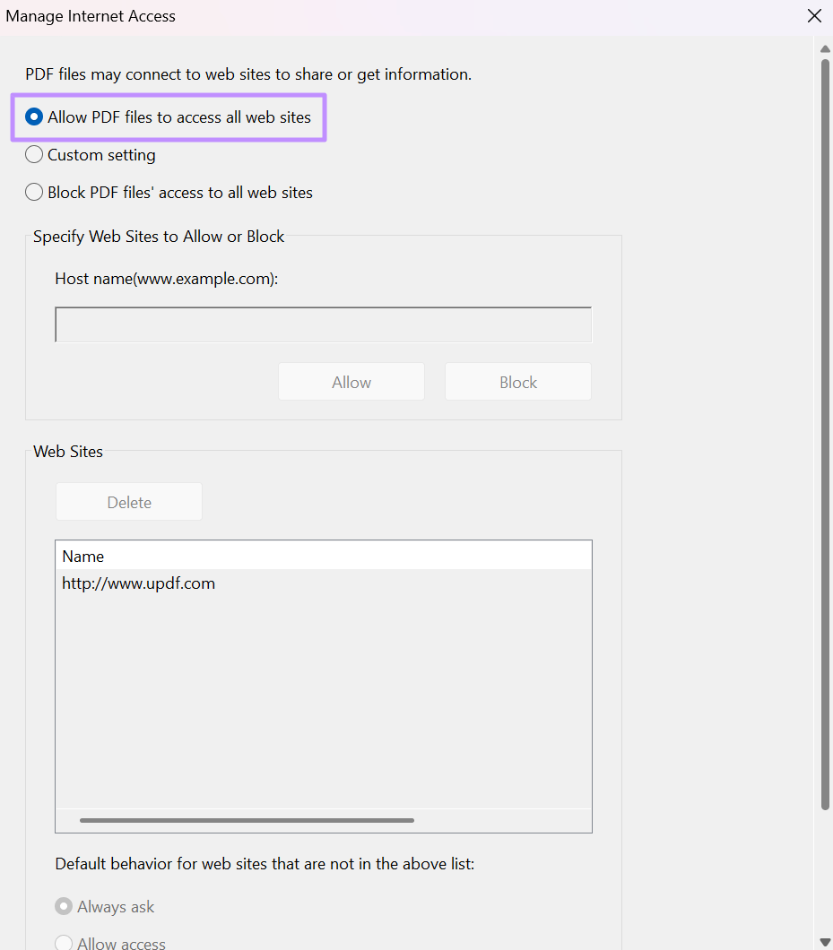 let pdf access all websites acrobat