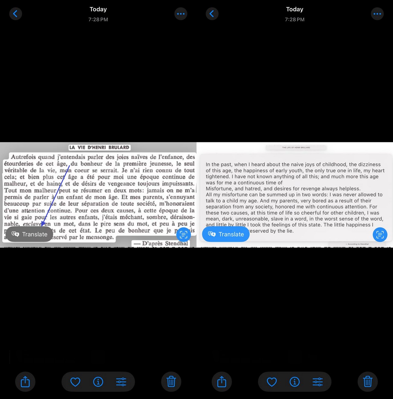 translate live text selected