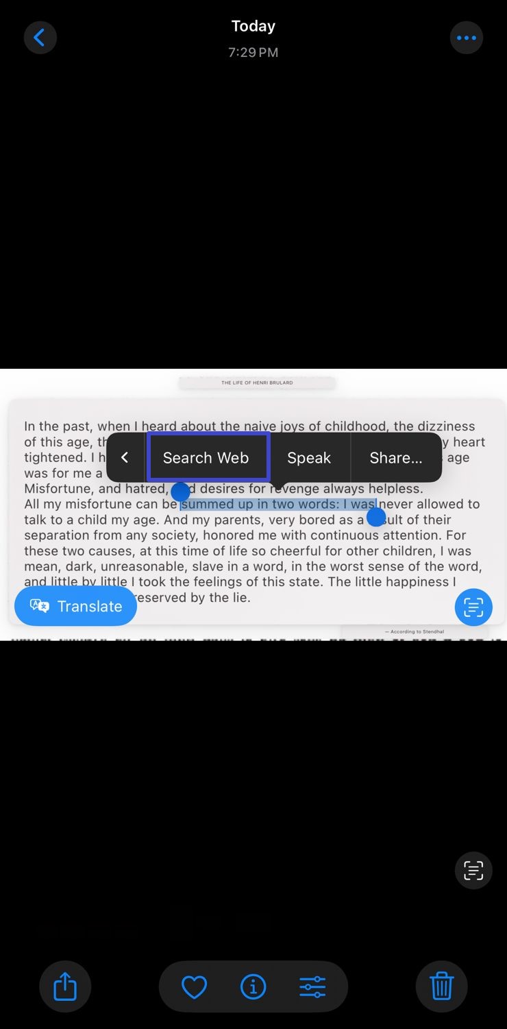 search web for live text selected