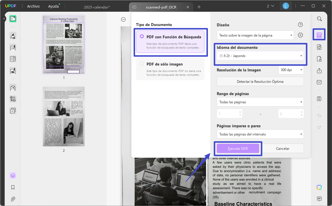 PDF escaneado con OCR para traducir con UPDF en Windows
