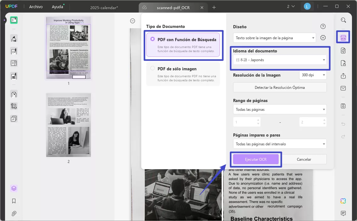 PDF escaneado con OCR para traducir con UPDF en Windows
