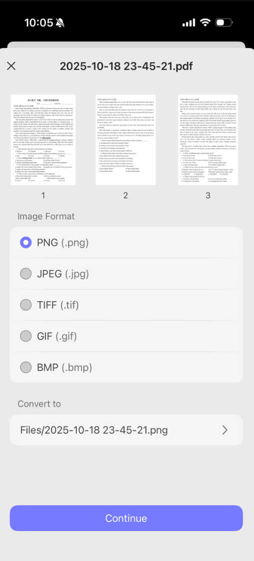 Select the file you just uploaded, adjust the settings and click "Continue"