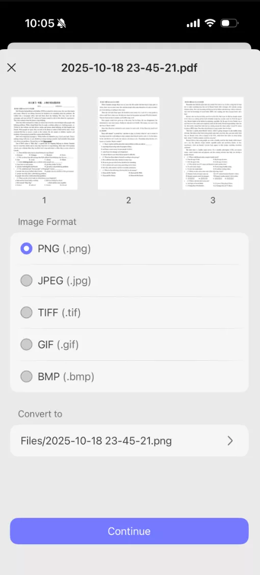 Select the file you just uploaded, adjust the settings and click "Continue"
