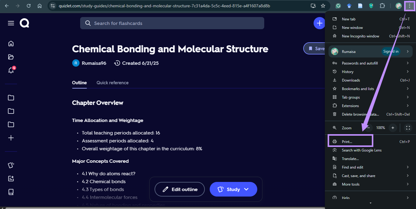 imprimer le quizlet avec chrome
