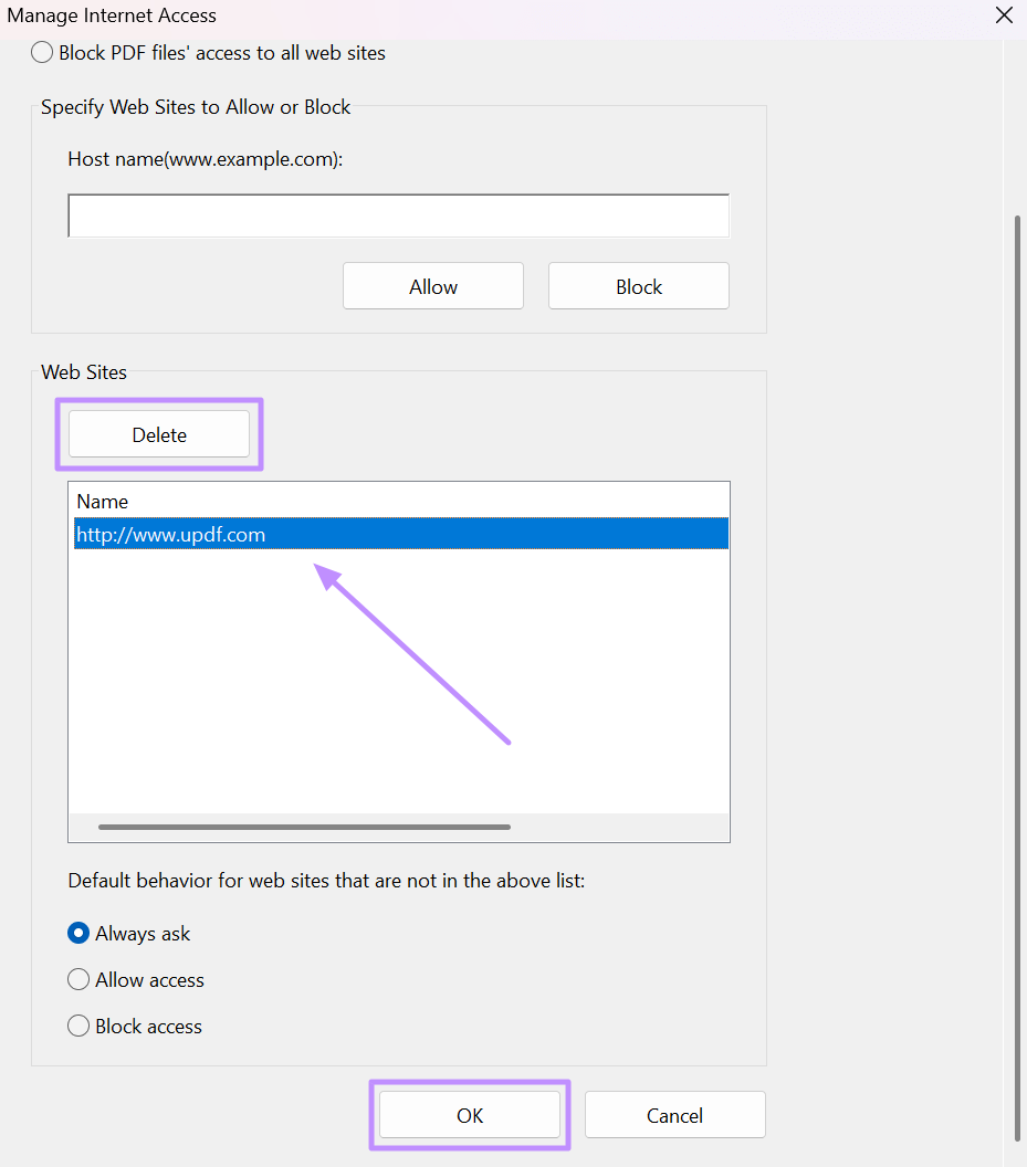 remove website from block list acrobat