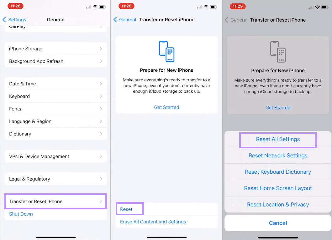 reset all settings iphone