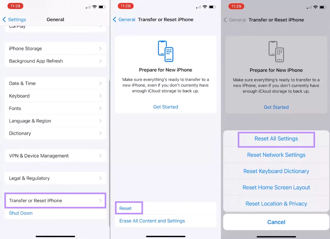 reset all settings iphone