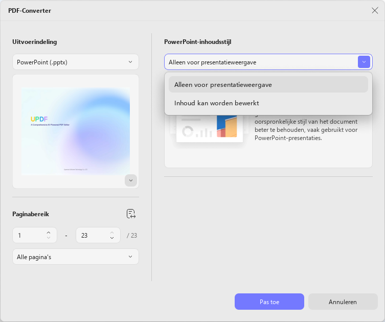 Selecteer conversie-instellingen voor ppt updf windows 2