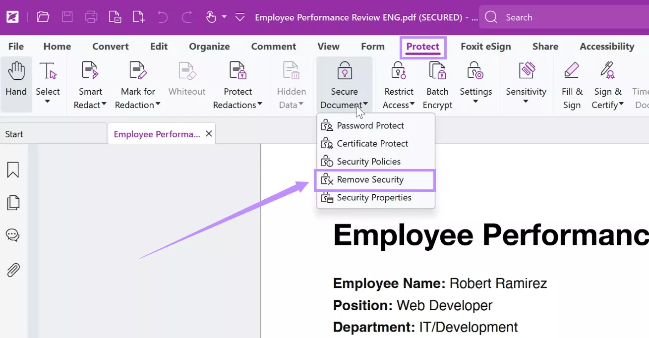 select remove security under secure document foxit