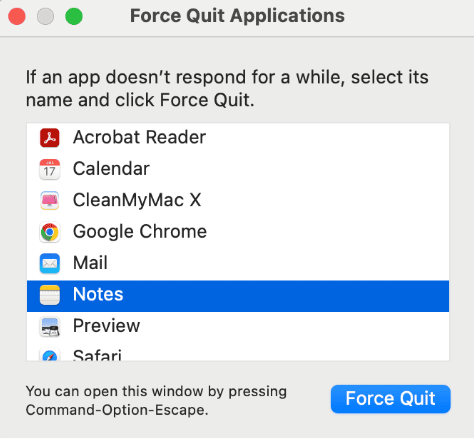 select the app to force quit mac