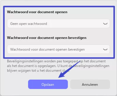 Stel een wachtwoord in voor openen en klik op opslaan in batch updf windows 2