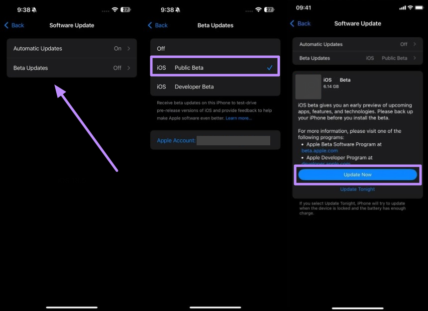 appuyez sur la version bêta publique d'iOS et mettez à jour maintenant