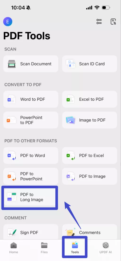 Tap "Tools" at the bottom and choose "PDF to Long Image".