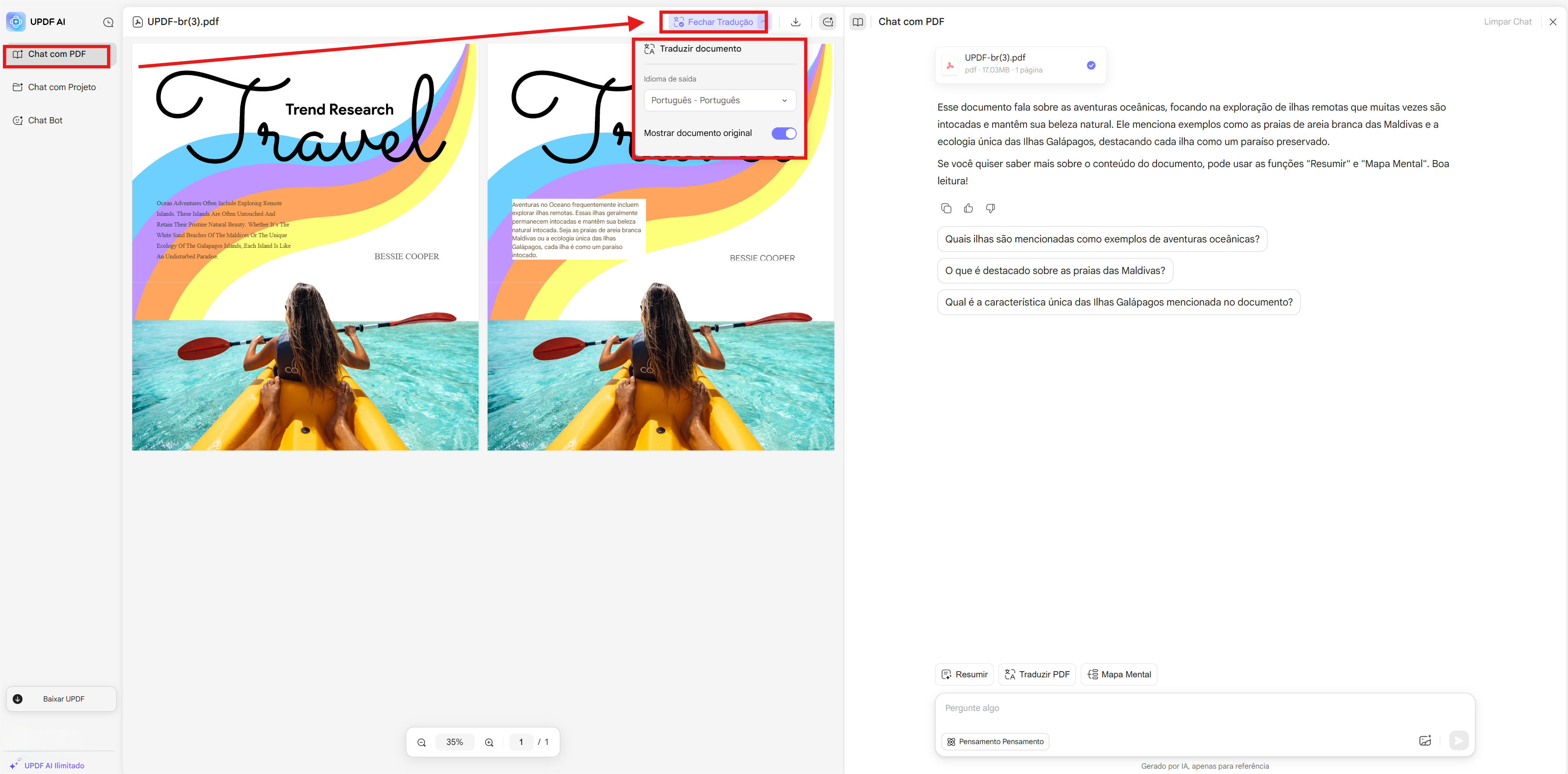 translate document while with layout keeping in updf ai