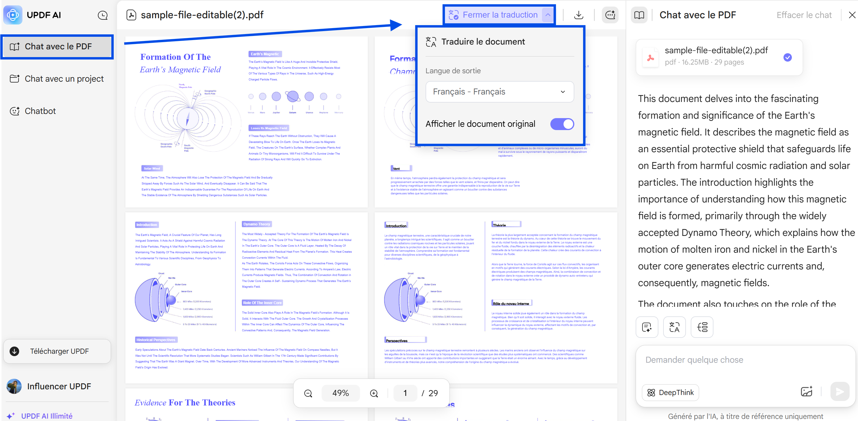 traduire le document tout en conservant la mise en page dans updf ai