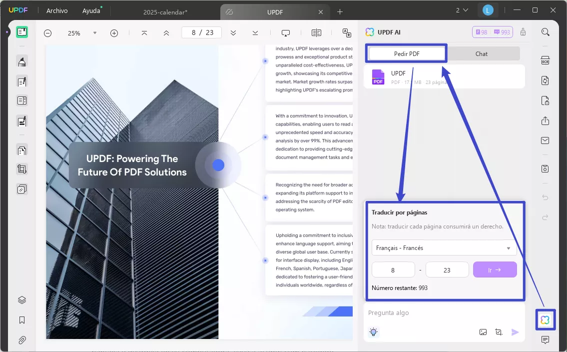 Traducir página por página al inglés con UPDF en Windows