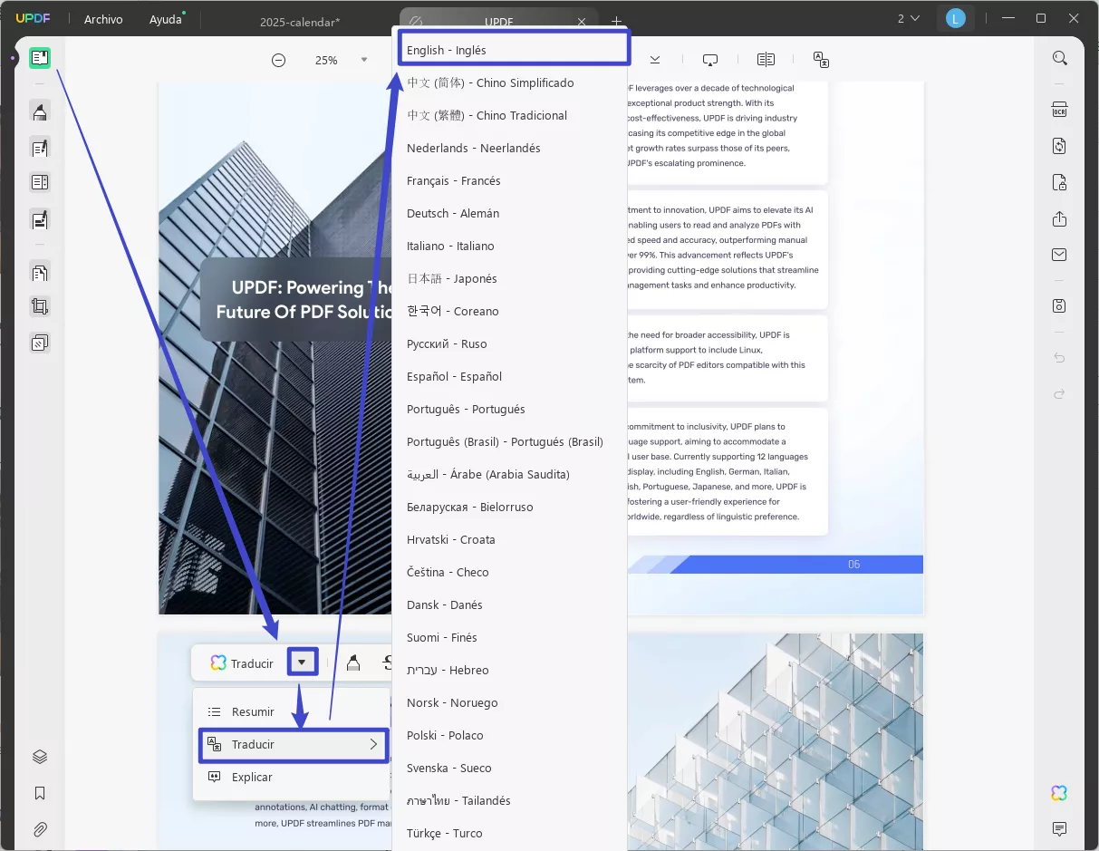 Seleccione para traducir PDF a inglés con UPDF en Windows