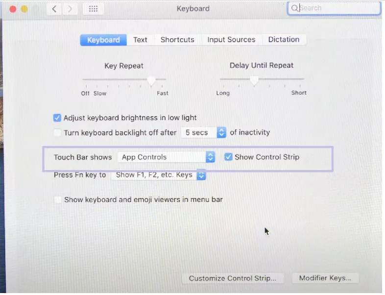 turn on show control strip mac