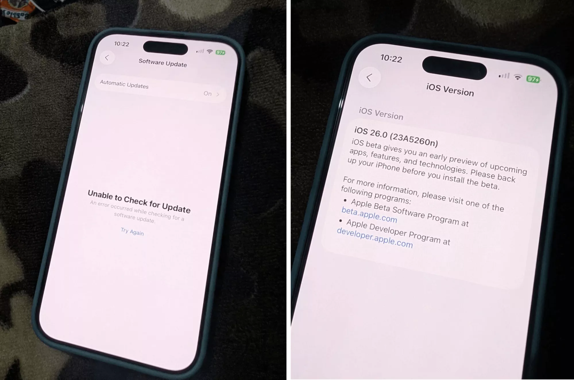 unable to check for update iphone error