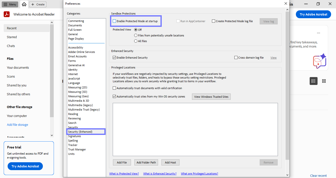 uncheck enable protected mode at startup acrobat