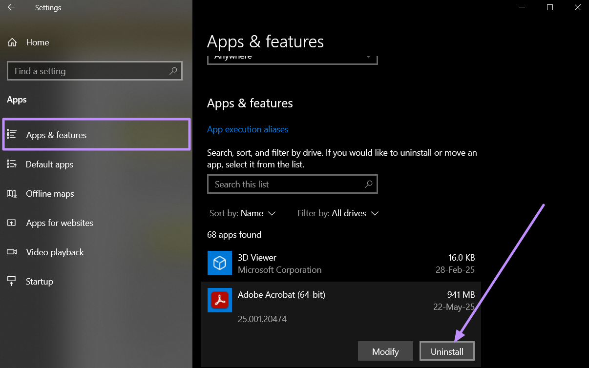 uninstall adobe acrobat from windows apps