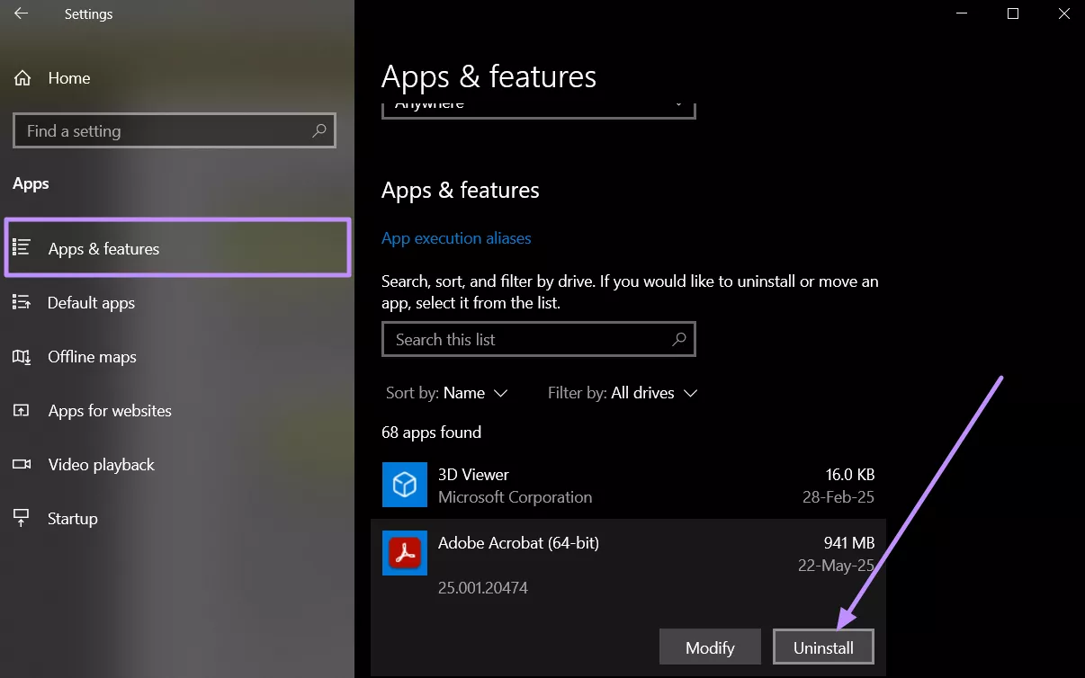 uninstall adobe acrobat from windows apps