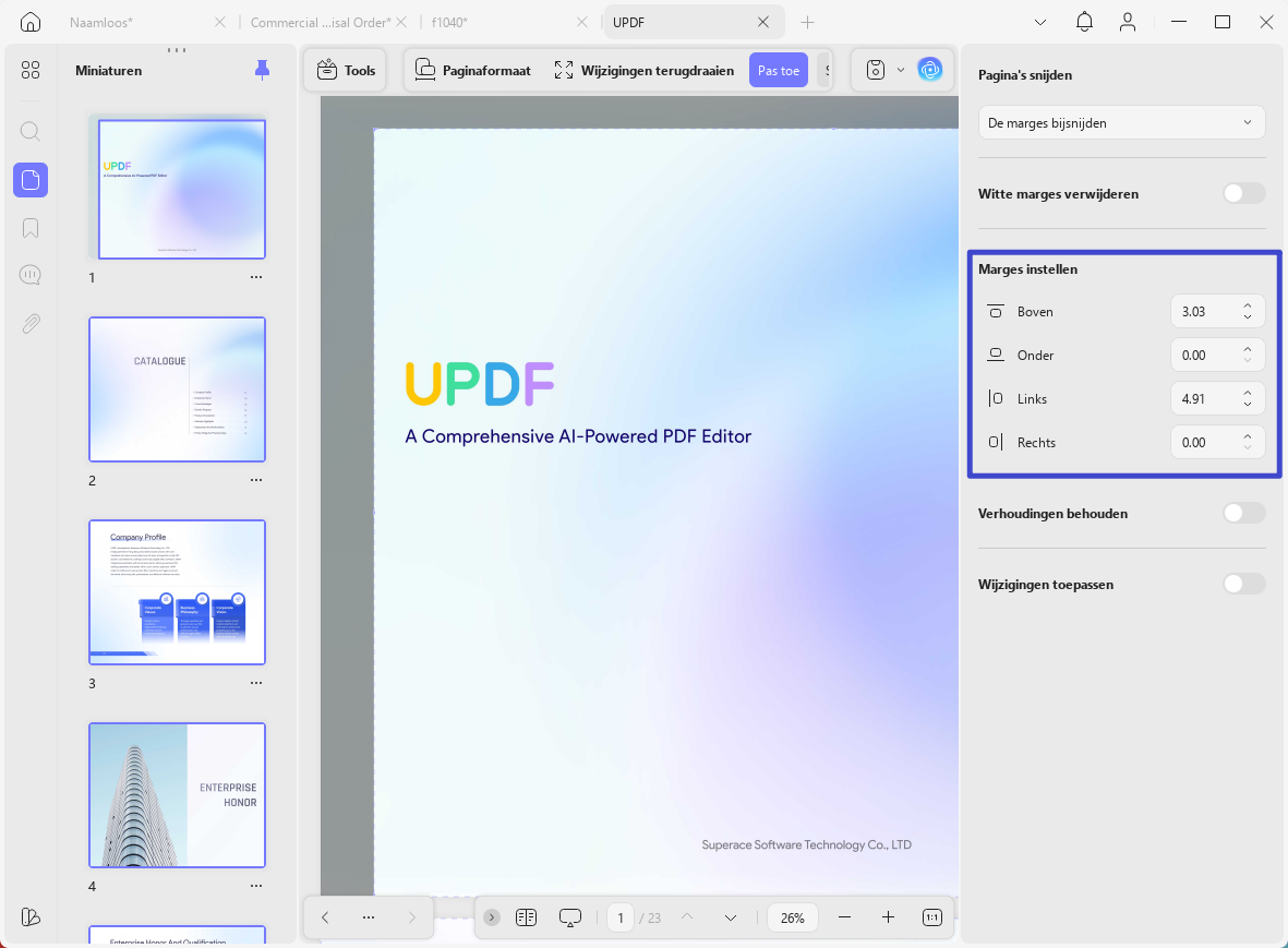 pdf-paginamarges instellen