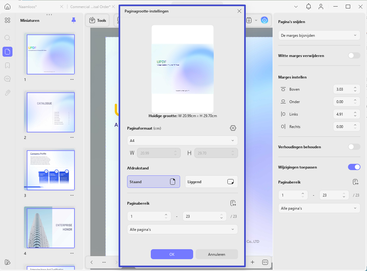 kies pdf-paginaformaat en -oriëntatie