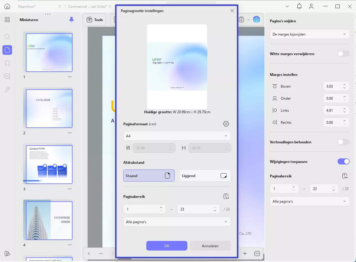 kies pdf-paginaformaat en -oriëntatie