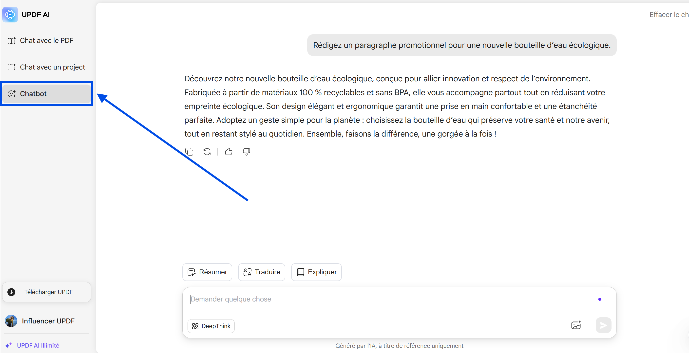 saisir des invites en mode chatbot updf ai en ligne