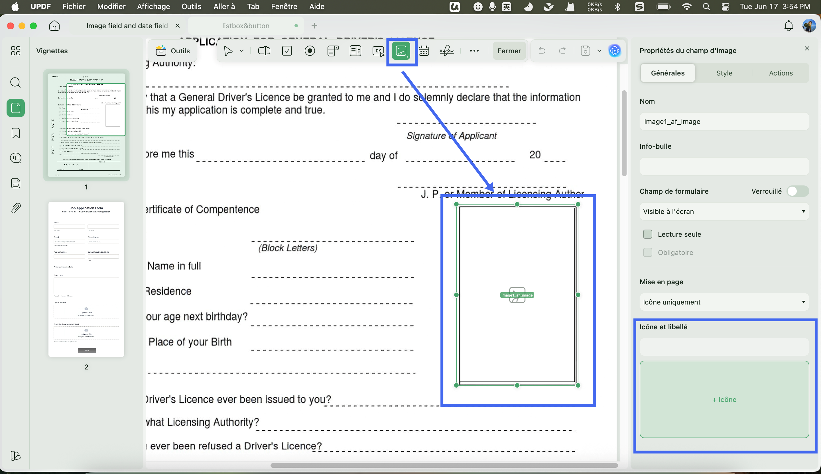 créer un champ d'image sur un formulaire PDF UPDF Mac