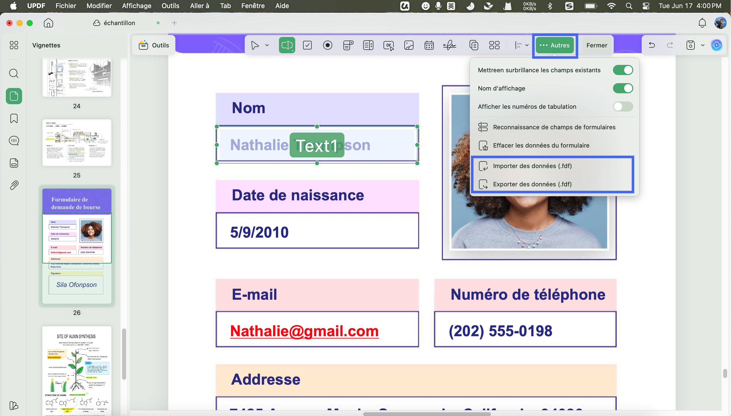 importer ou exporter des données de formulaire PDF updf mac