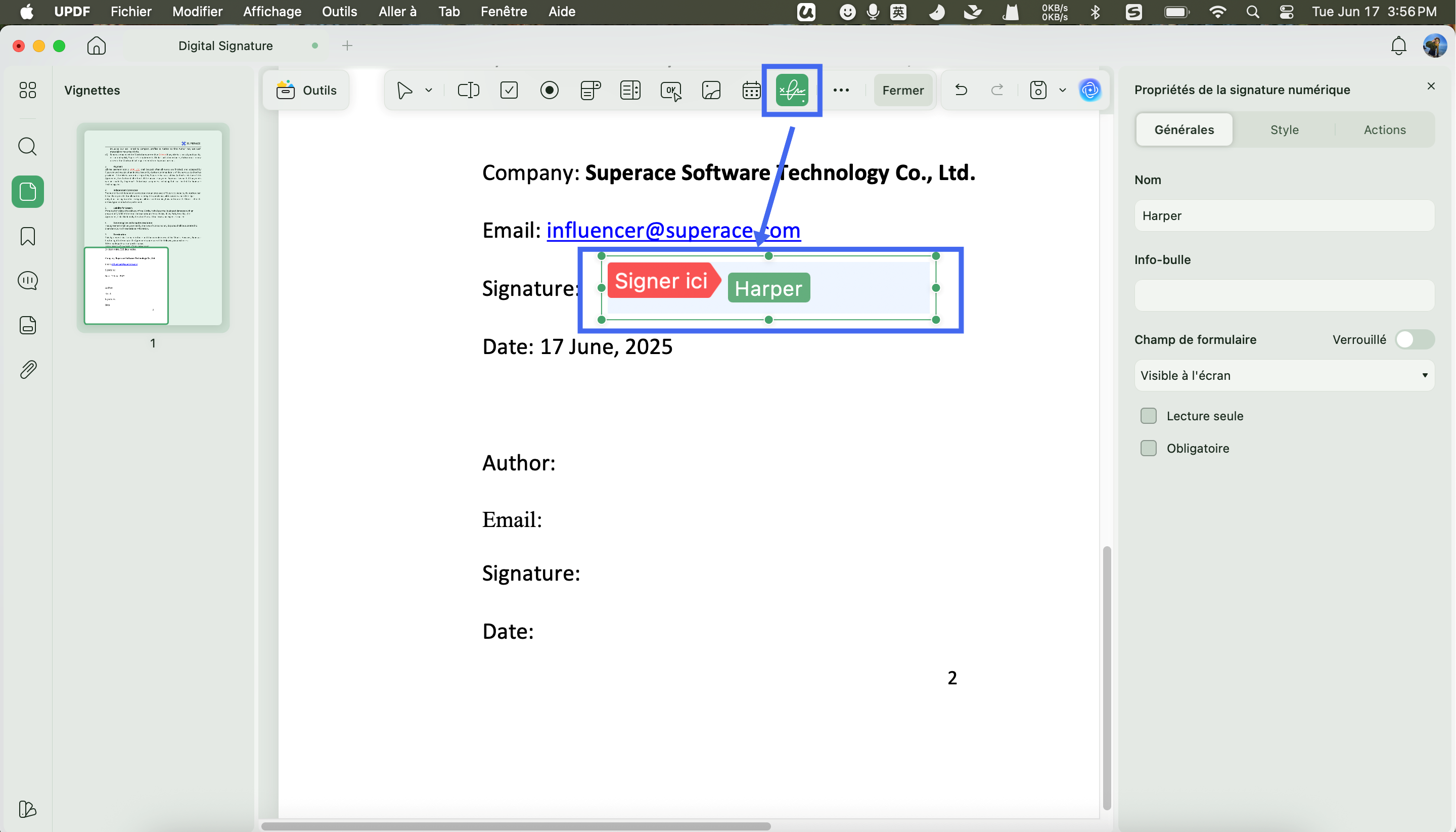 ligne de signature numérique au format PDF (Updf) pour Mac