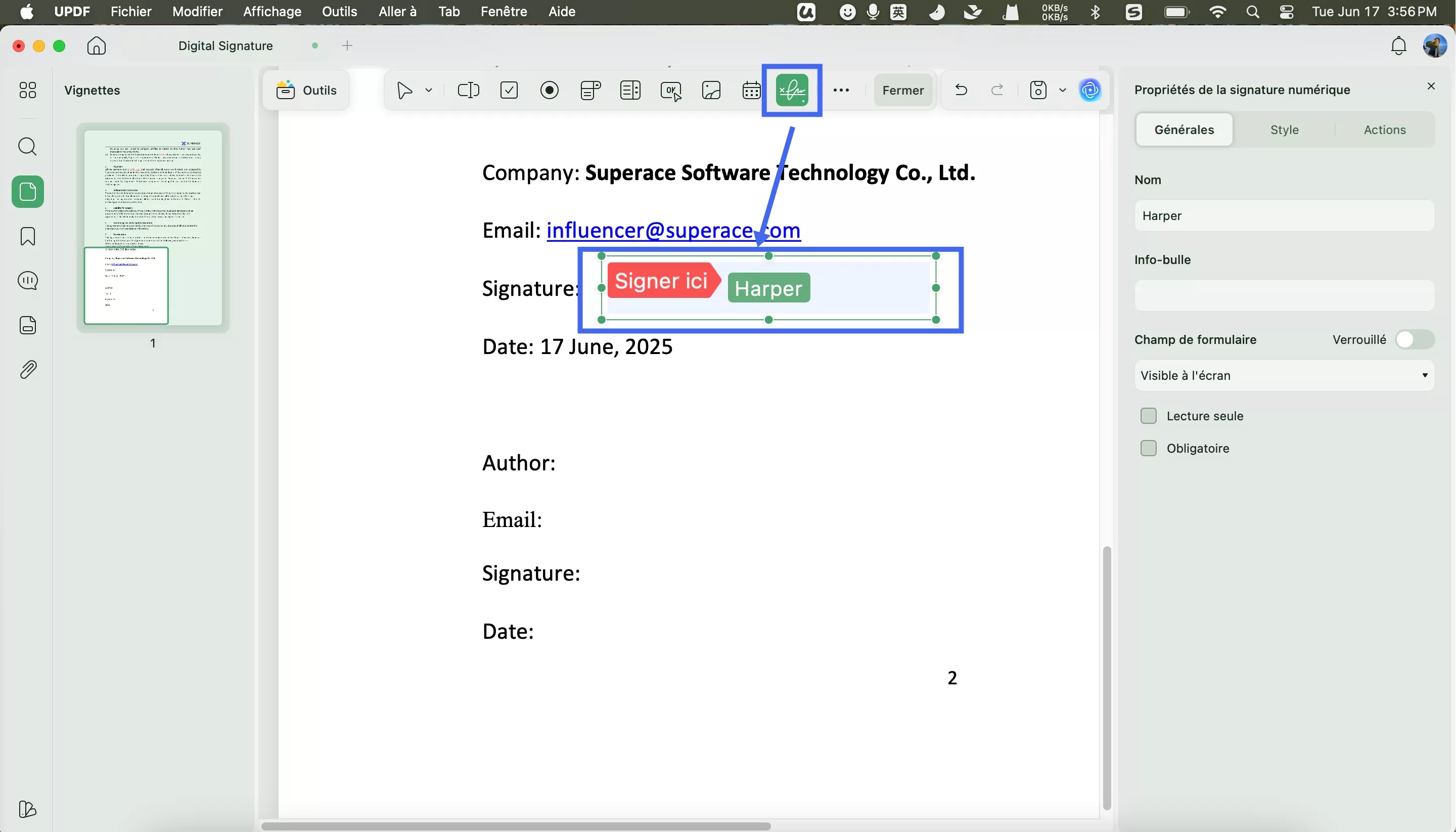 ligne de signature numérique au format PDF (Updf) pour Mac