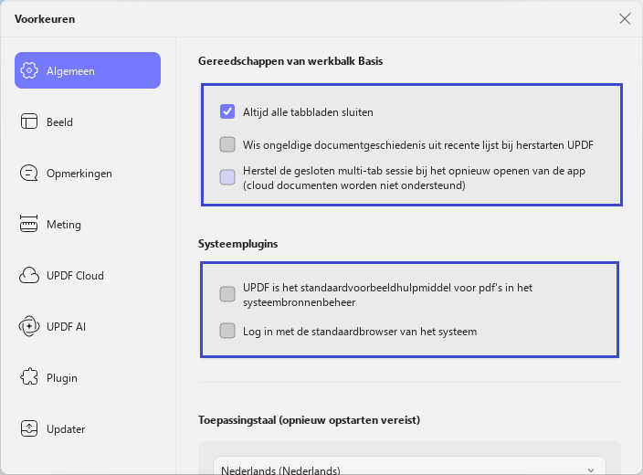 Bekijk basis algemene instellingen updf windows 2