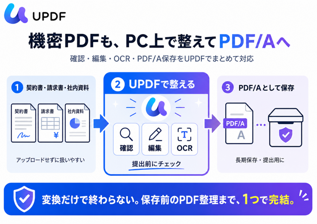 機密性の高いPDFをUPDFで確認・編集・OCR処理してからPDF/Aとして保存する流れ